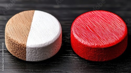 Two wooden game pieces, one brown and white, the other red, on a black surface.