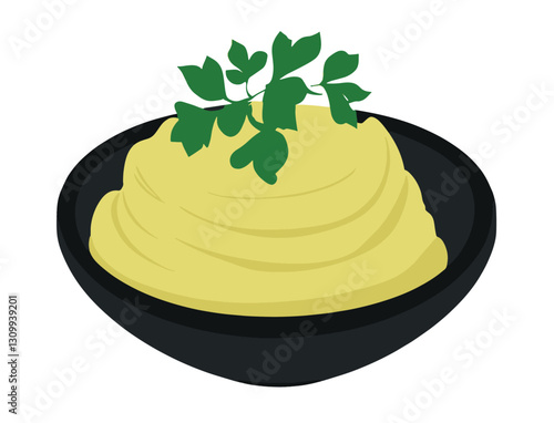 A bowl of mashed potatoes with butter and herbs. Vector illustration cartoon flat icon isolated on white background. Delicious and healthy mashed potatoes in a bowl.