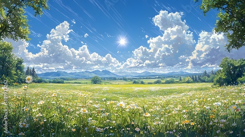 A bright and sunny field filled with flowers and trees photo