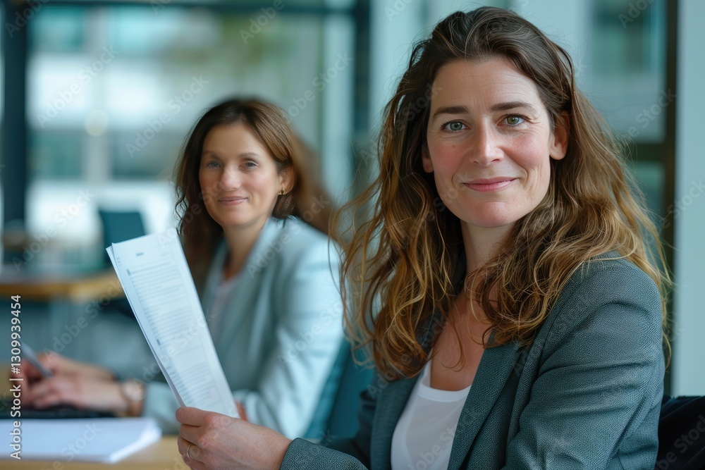 Businesswomen Collaborating in Office Meeting with Documents Businesswomen Collaborating in Office Meeting with Documents
