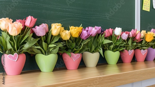 Colorful tulips in pots arranged neatly on a classroom shelf against a blackboard backdrop.