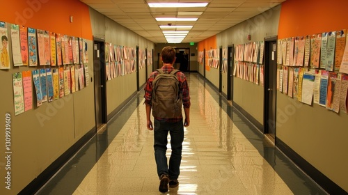 A student walking down a colorful school hallway lined with artwork displays.