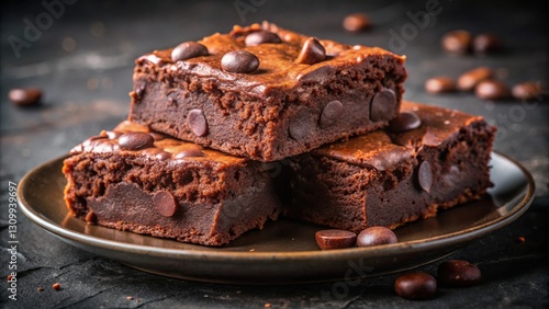 A close-up of three decadent chocolate brownies with chocolate chips, arranged on a rustic brown plate and scattered with additional chocolate chips on a dark surface.