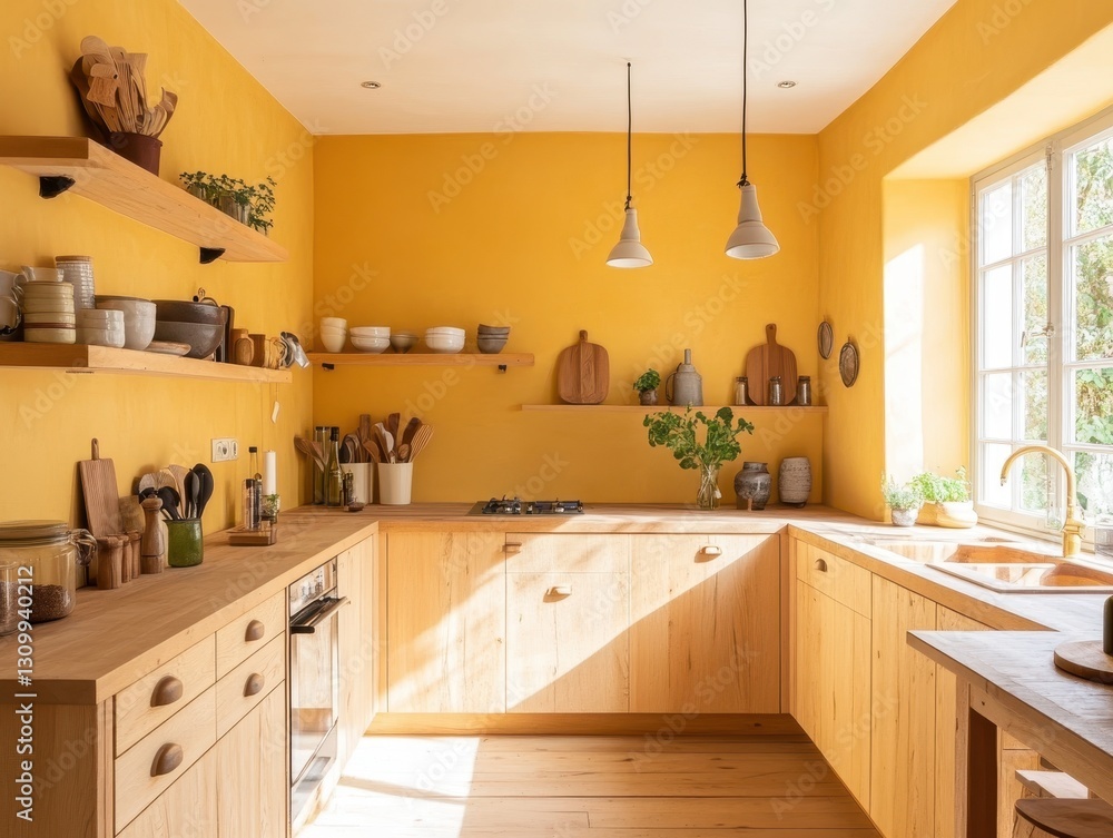 Fototapeta premium A bright modern kitchen featuring wooden cabinets and yellow walls
