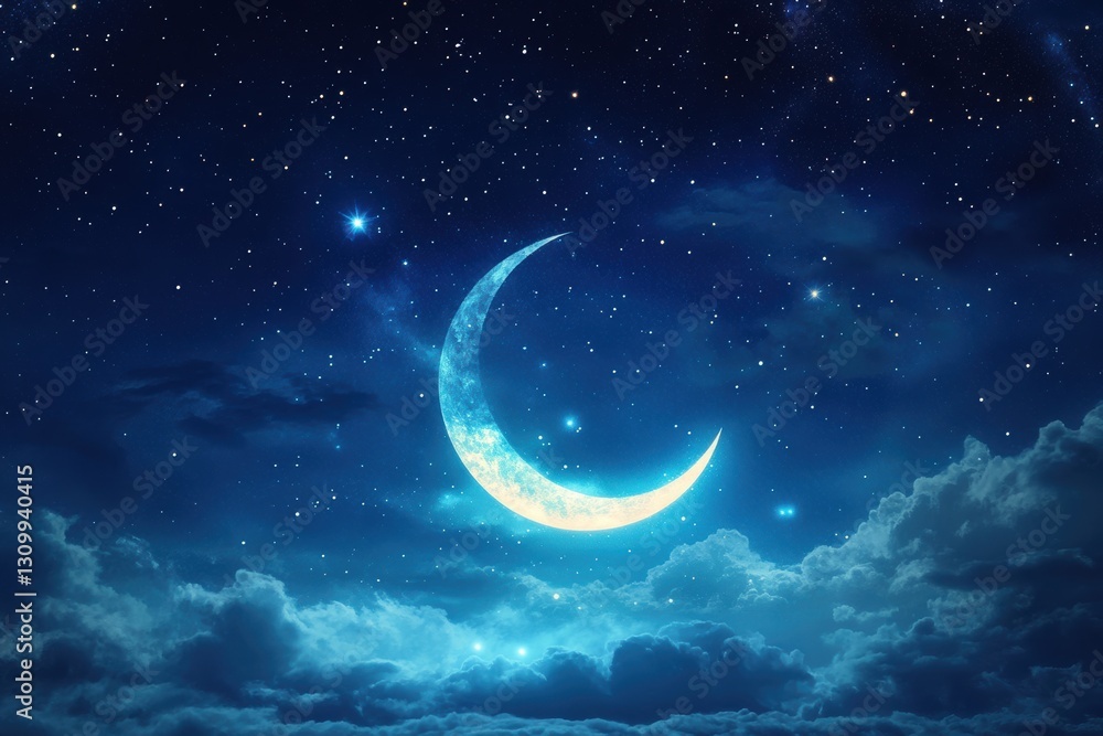 Fototapeta premium Luminous crescent moon under a star-speckled arabian night sky evoking celestial beauty and spiritual serenity in a dreamlike enchanted scene