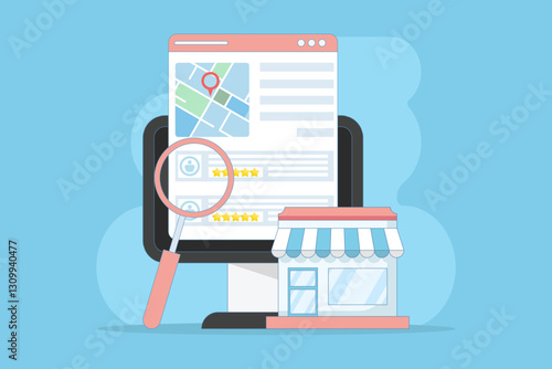 Business Ranking Concept, Customers share business ratings and reviews on search engine result pages, Business reputation on the internet. SEO business listing, SEO Reviews.