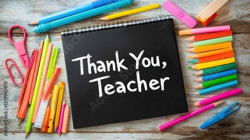 Thank you note on a chalkboard surrounded by colorful school supplies.