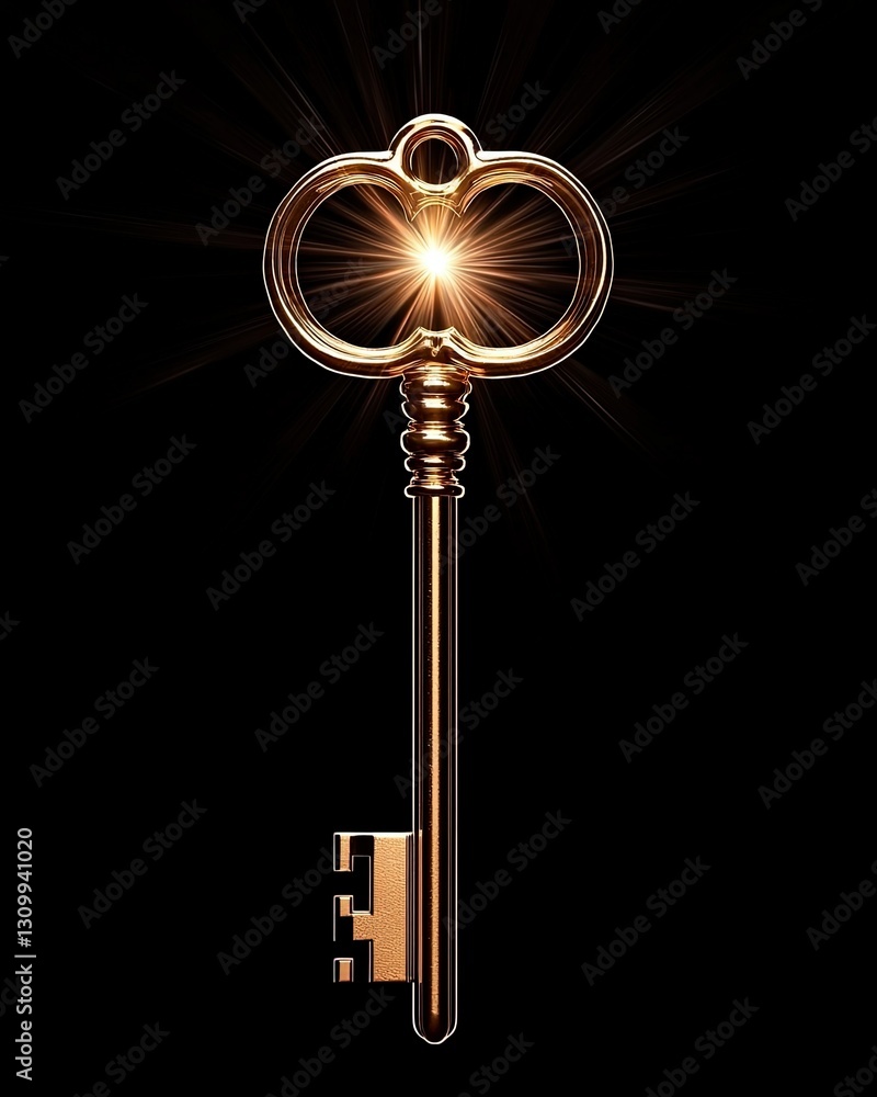Obraz premium Shimmering Golden Key with Radiant Light on Black Background for Creative Visuals
