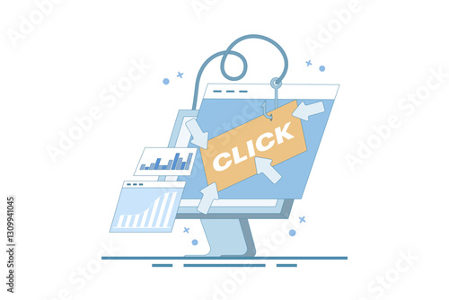 Clickbait concept, Increasing website traffic through clickbait strategy, Clicking on links, Digital advertising tactics, clickbait to Increase click-through rate. Flat vector illustration.
