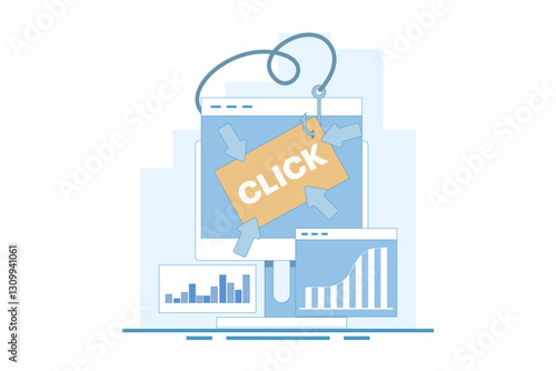 Clickbait concept, Increasing website traffic through clickbait strategy, Clicking on links, Digital advertising tactics, clickbait to Increase click-through rate. Flat vector illustration.