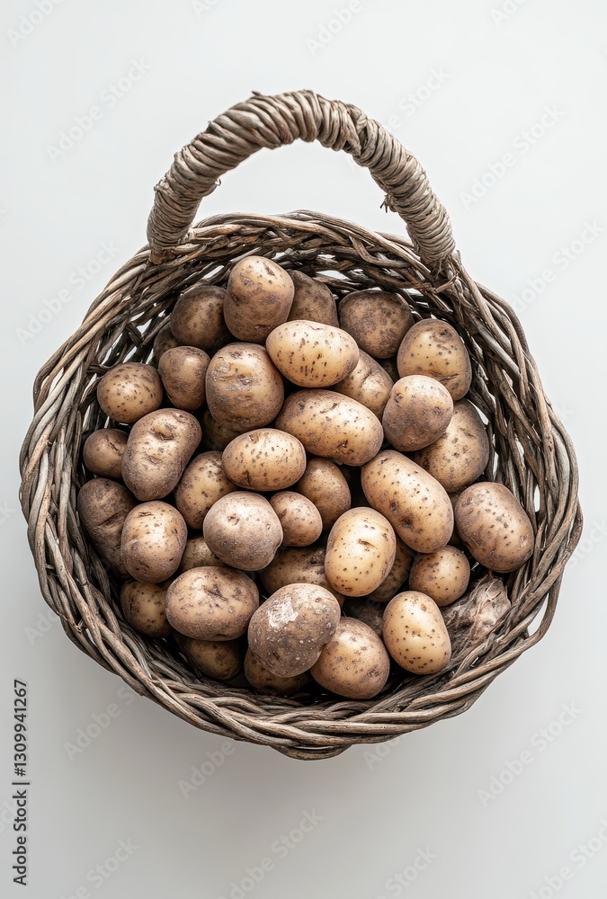 Freshly harvested organic potatoes in a rustic wicker basket on a light background, showcasing natural textures and earthy colors perfect for food photography. Freshly harvested organic potatoes in a rustic wicker basket on a light background, showcasing natural textures and earthy colors perfect for food photography.