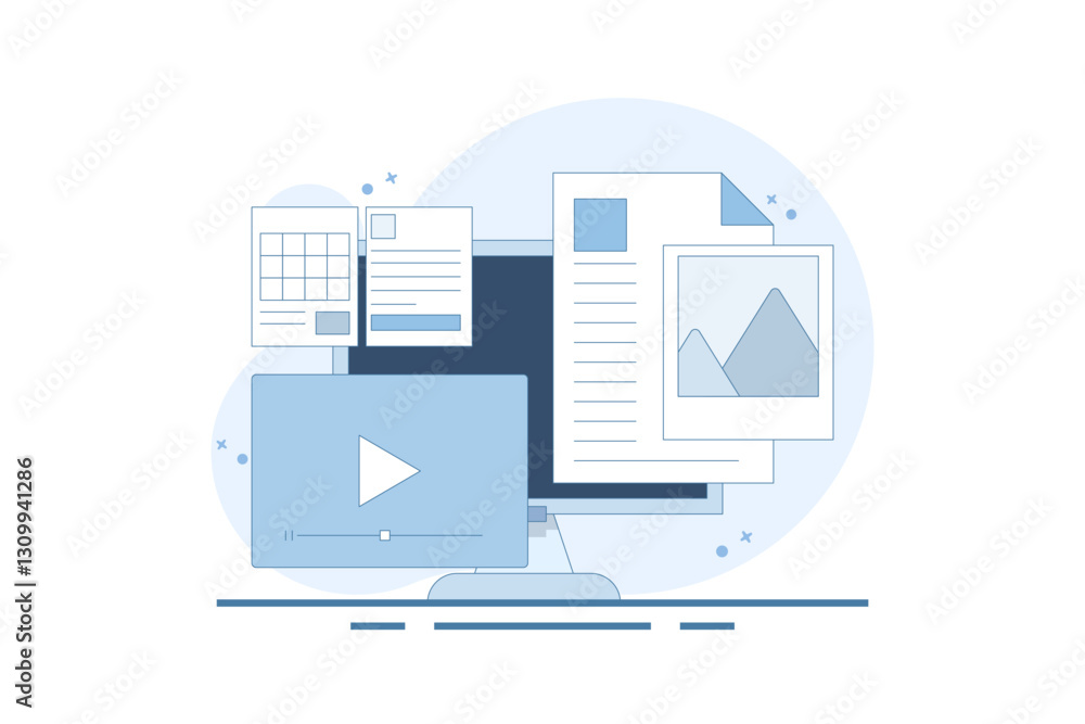 Content Format Concept for web, Content marketing strategy, Website content, Online documents. Various content formats, Content development for digital marketing. Vector illustration. Content Format Concept for web, Content marketing strategy, Website content, Online documents. Various content formats, Content development for digital marketing. Vector illustration.