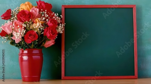 Vibrant flowers in a red vase beside a blank green chalkboard frame.
