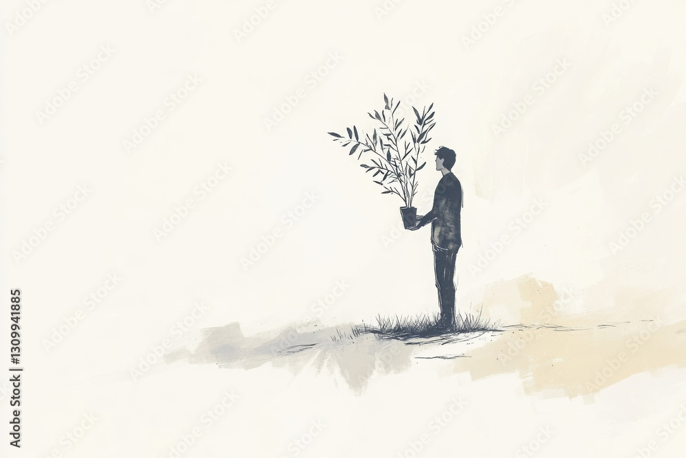 Silhouette of a man holding a potted plant, standing on a grassy patch with a minimalistic background, symbolizing growth and hope. Silhouette of a man holding a potted plant, standing on a grassy patch with a minimalistic background, symbolizing growth and hope.