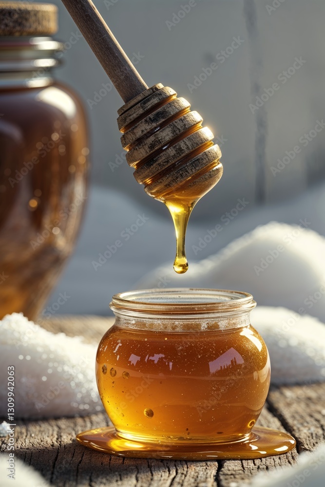 Golden honey drips from wooden dipper into jar on rustic wooden table surrounded by snow Golden honey drips from wooden dipper into jar on rustic wooden table surrounded by snow
