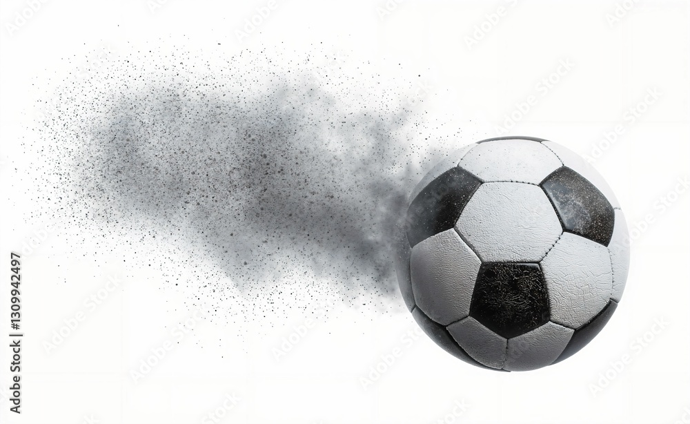 Naklejka premium Disintegrating Soccer Ball: A Powerful Showcase of Motion and Erosion in Grayscale
