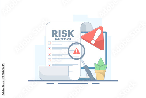 Risk Factor Analysis Concept Design, Document with Magnifying Glass and Warning Sign. Document shows business risks. Risk management, business mistakes, strategy and planning. Vector Illustration.