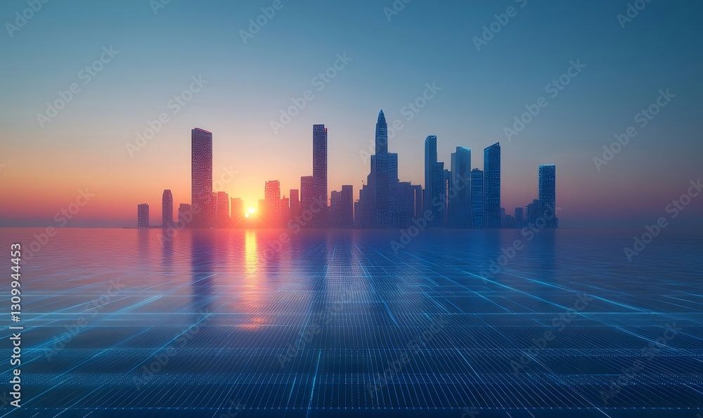 Sunrise Cityscape, Digital Grid, Future Tech Sunrise Cityscape, Digital Grid, Future Tech