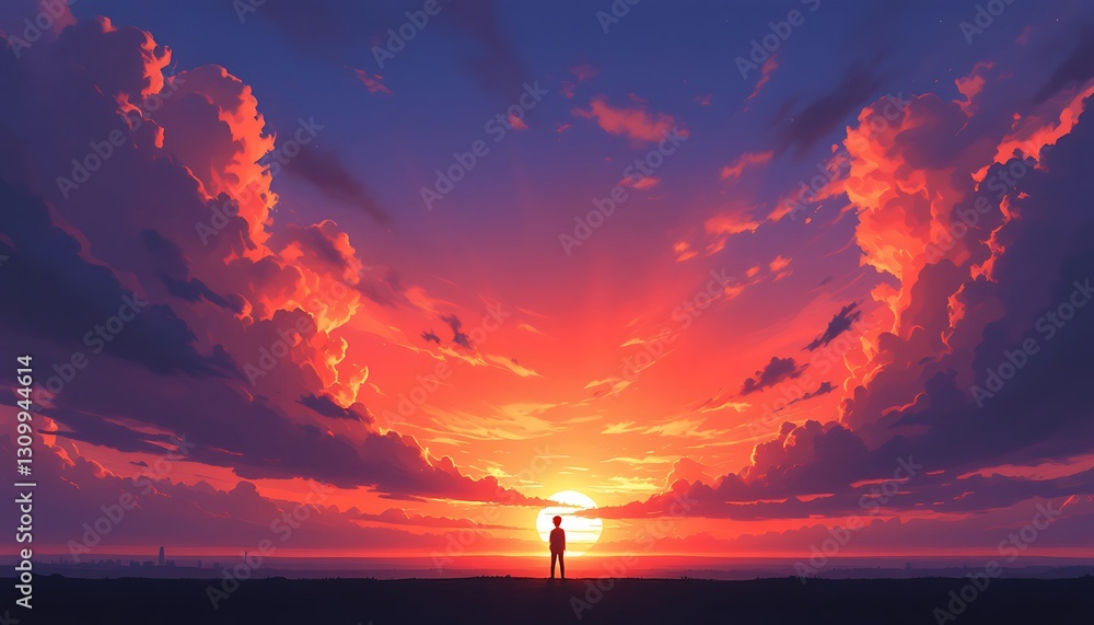 Solitary Figure at Sunset: A Breathtaking Panorama of Fiery Hues Solitary Figure at Sunset: A Breathtaking Panorama of Fiery Hues