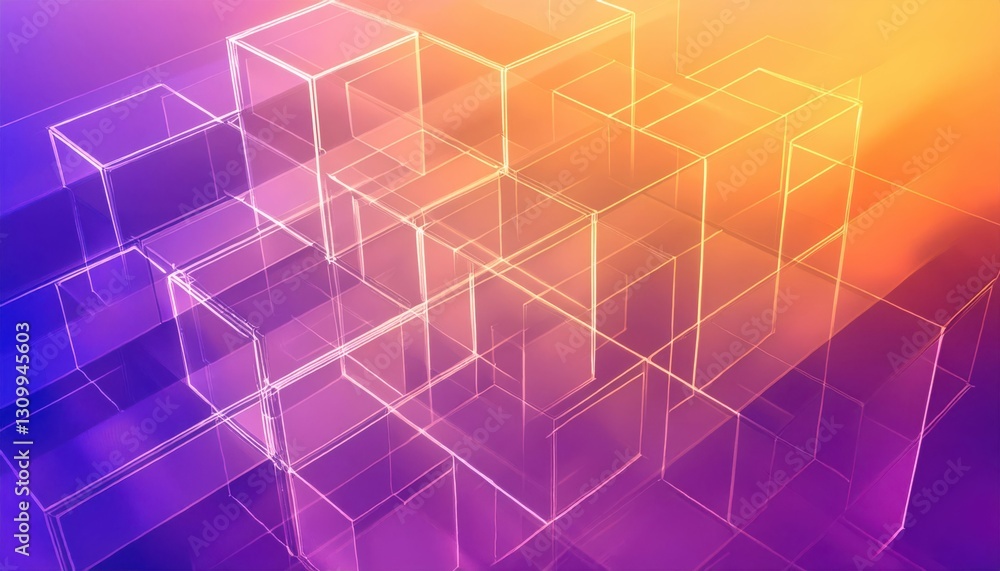 Obraz premium futuristic glowing wireframe cubes in a digital abstract geometric space with a gradient of purple and orange light