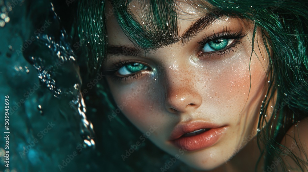 Ethereal Green-Haired Mermaid with Enchanting Eyes and Water Elemental Aesthetic Ethereal Green-Haired Mermaid with Enchanting Eyes and Water Elemental Aesthetic