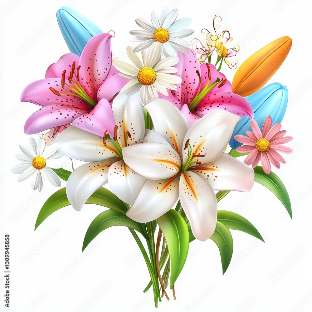 Fototapeta premium Realistic 3D Icon Cartoon of a Colorful Spring Flower Bouquet with Lilies and Daisies isolated on clear white background