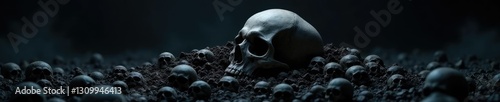 Dark mysterious skull nestled in a mountain of skulls on black background, death, mysterious, gothic