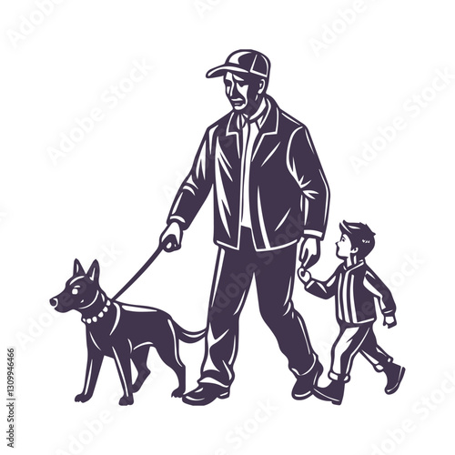 Father and Child Walking with Dog Silhouette Clipart Illustration isolated on a White Background