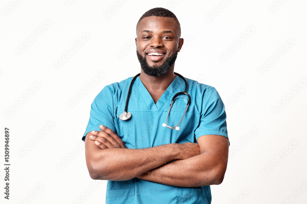 Young cheerful African American man surgeon posing over white studio background, panorama with free space Young cheerful African American man surgeon posing over white studio background, panorama with free space