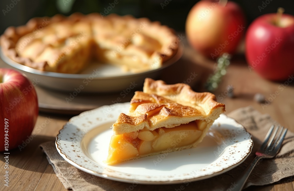 Close-up of apple pie slice on plate near whole pie and red apples. Sweet baked pastry, homemade dessert. Delicious food, traditional treat for autumn holidays celebration. Close-up of apple pie slice on plate near whole pie and red apples. Sweet baked pastry, homemade dessert. Delicious food, traditional treat for autumn holidays celebration.