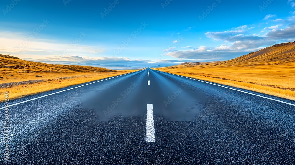 Naklejka premium Empty Highway Stretching to Horizon on Sunny Day