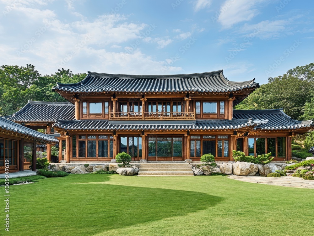 Traditional korean style house with green lawn and blue sky