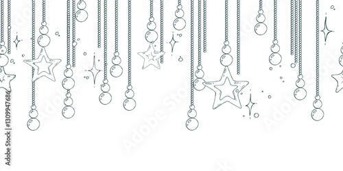 Beads gold with hanging stars vertical stripes with twinkling stars. Christmas, New Year, winter Line art is a simple hand-drawn illustration in black and white ink. Seamless border pattern vector EPS