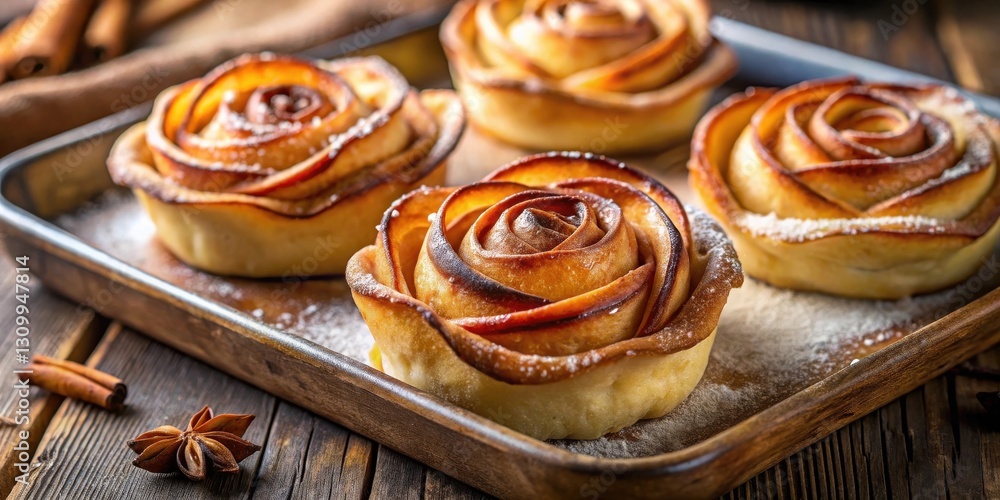 Apple Rose Tarts dusted with powdered sugar and arranged on a wooden tray Apple Rose Tarts dusted with powdered sugar and arranged on a wooden tray