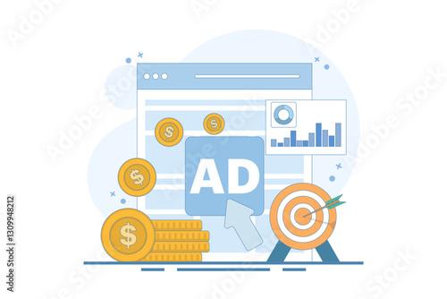 pay per click concept. online advertising where advertisers pay each time their ads are clicked. click to earn money. computer monitor with cursor, coins and debit card. flat illustration.