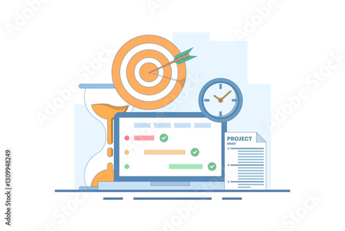 Project management concept, compiling program checklist on laptop monitor screen near target paper hourglass project summary. checking tasks completed within project management time.