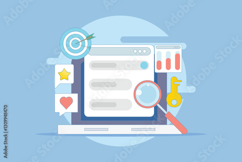 Keyword research concept, keyword targeting, SEO keyword optimization, keyword analysis tool. Search engine marketing with keyword grouping strategy. Flat vector illustration on background.