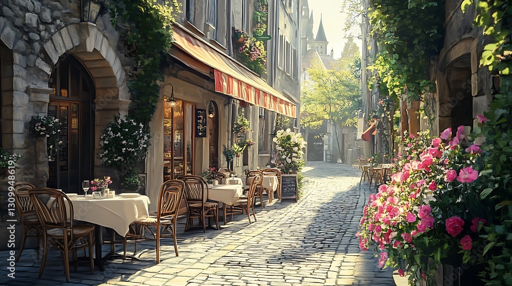 Fototapeta premium Quaint European Alleyway Cafe Scene at Sunrise