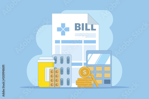 Hospital bill concept, invoice service fee, money wallet, medicine bottle or pills. Hospital Medical Billing Service with Health Form for Hospitalization or Treatment.