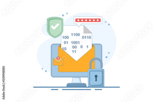 Email password encryption message concept, secure chat and secret message, security and protection for communication, protective padlock notification number for website. flat vector illustration.