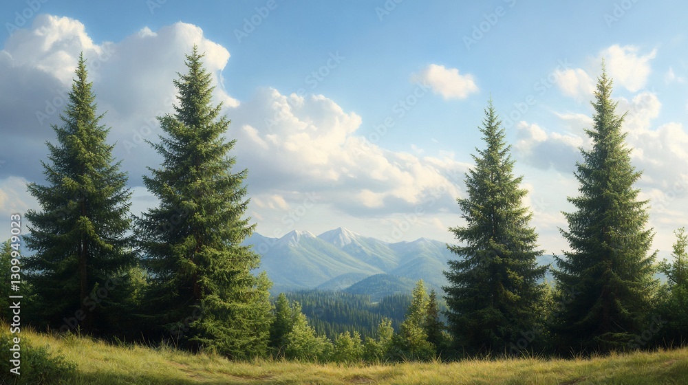 Fototapeta premium Mountain vista, sunny day, evergreen trees