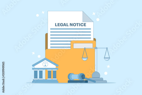 Legal Notice Concept. Legal Notice Document with Judge's Hammer. Corporate documents, agreement review, data protection metaphor. Flat Vector Illustration on Background.