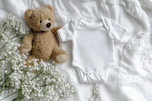 White cotton baby short sleeve bodysuit, toy teddy bear and white summer flowers on white linen blanket throw background. Blank infant onesie mockup template. Top view