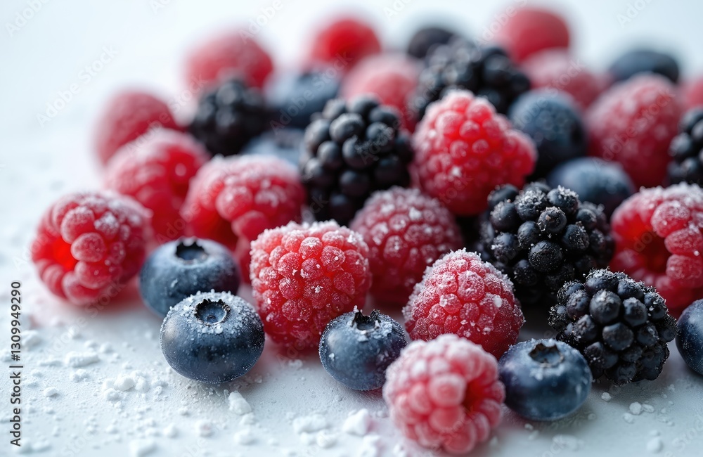Macro shot of frozen raspberries, blackberries, blueberries. Glaced fresh forest fruits covered with hoarfrost for cool dessert, vegan healthy raw eating or tasty summer preserve. Macro shot of frozen raspberries, blackberries, blueberries. Glaced fresh forest fruits covered with hoarfrost for cool dessert, vegan healthy raw eating or tasty summer preserve.