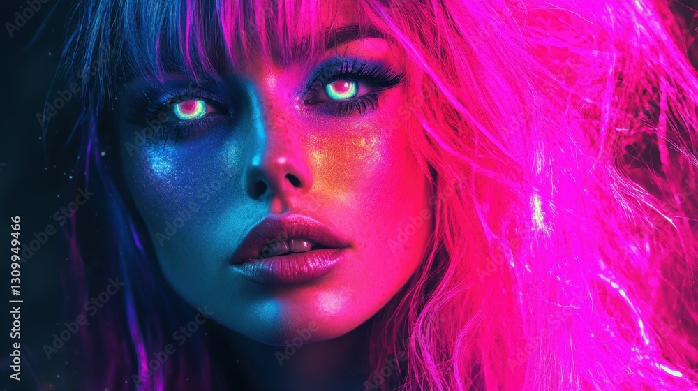 Fototapeta premium Vibrant Neon Portrait of Woman with Pink Hair and Intense Gaze in Futuristic Lighting