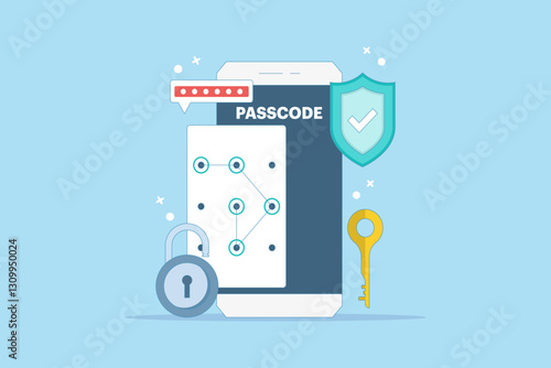 Lock screen concept set input passcode on smartphone screen with password protection padlock. Data protection, internet security and cyber security. Flat vector illustration on background.
