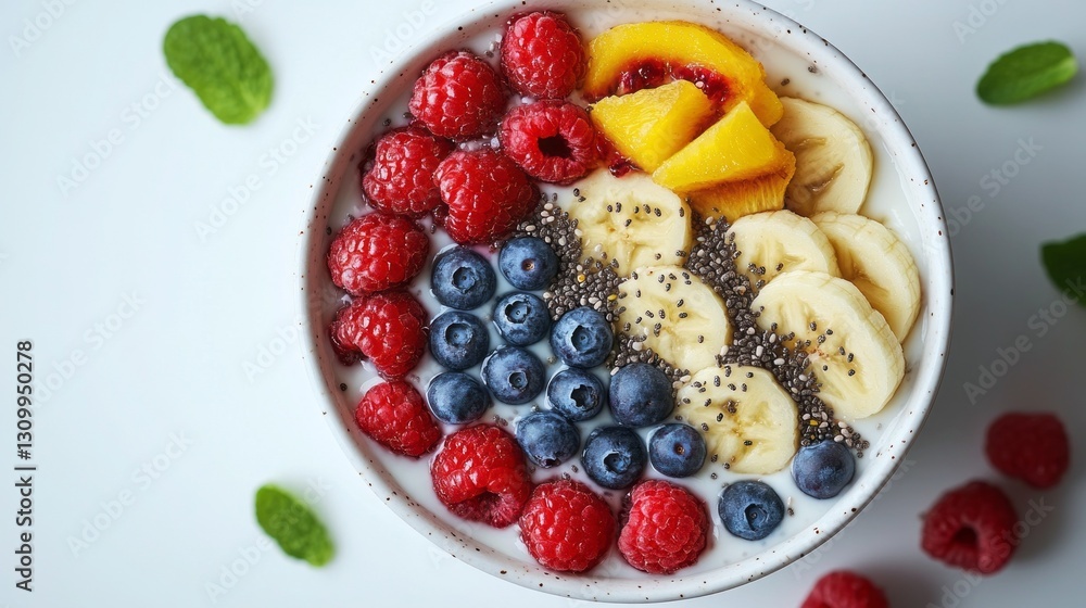 A vibrant yogurt bowl brimming with ripe bananas, juicy raspberries, and blueberries, elegantly garnished with crunchy muesli and a hint of chia seeds, perfect for a nutritious breakfast A vibrant yogurt bowl brimming with ripe bananas, juicy raspberries, and blueberries, elegantly garnished with crunchy muesli and a hint of chia seeds, perfect for a nutritious breakfast