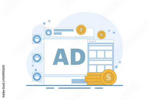 Social media advertising concept sending traffic to website, social media web traffic campaign, social media ads generate sales. Digital advertising campaign. Flat vector illustration on background.
