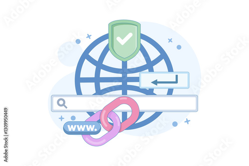 secure link concept. secure website address. user security in accessing website. surfing the internet safely. browsing. chain symbol and search bar. flat style design illustration in background.