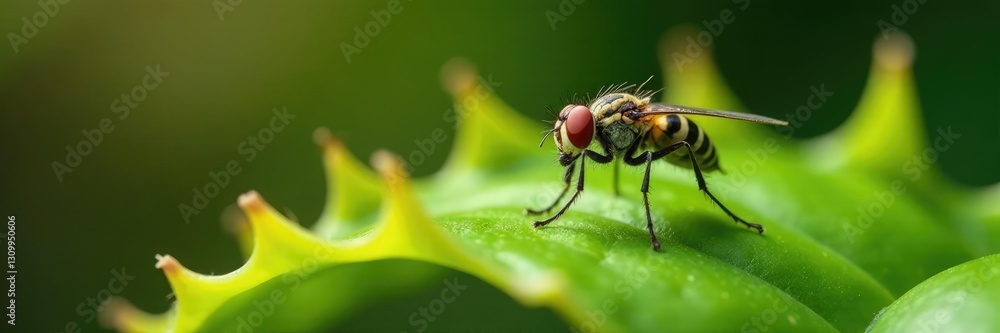 Fly caught in Venus flytrap's modified leaves with sticky substance, substance, closeup Fly caught in Venus flytrap's modified leaves with sticky substance, substance, closeup